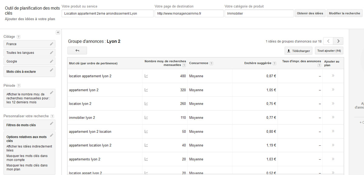 Illustration google Keyword Planner pour le référencement immobilier